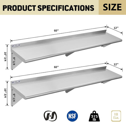 Hally Stainless Steel Shelf 2 Pack Wall Mounted Metal Shelves 10"x24" NSF