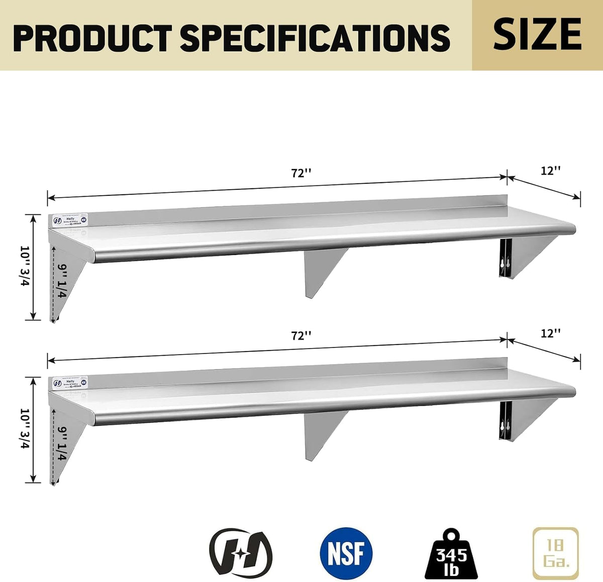 Hally Stainless Steel Shelf 2 Pack Wall Mounted Metal Shelves 10"x24" NSF