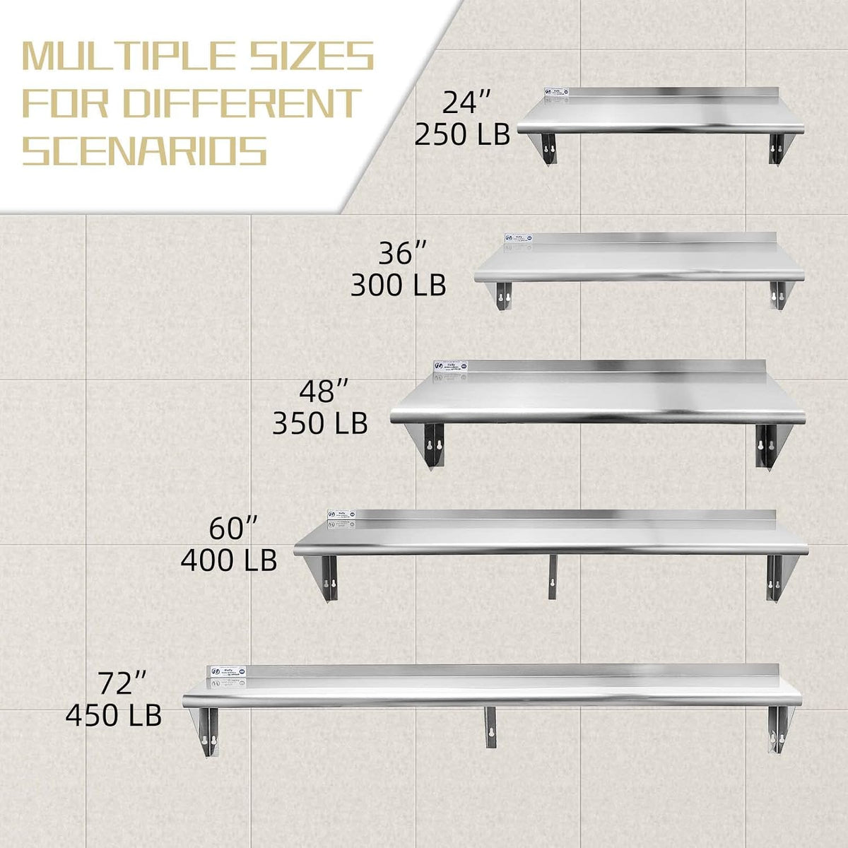 Hally Stainless Steel Shelf 2 Pack Wall Mounted Metal Shelves 10"x24" NSF