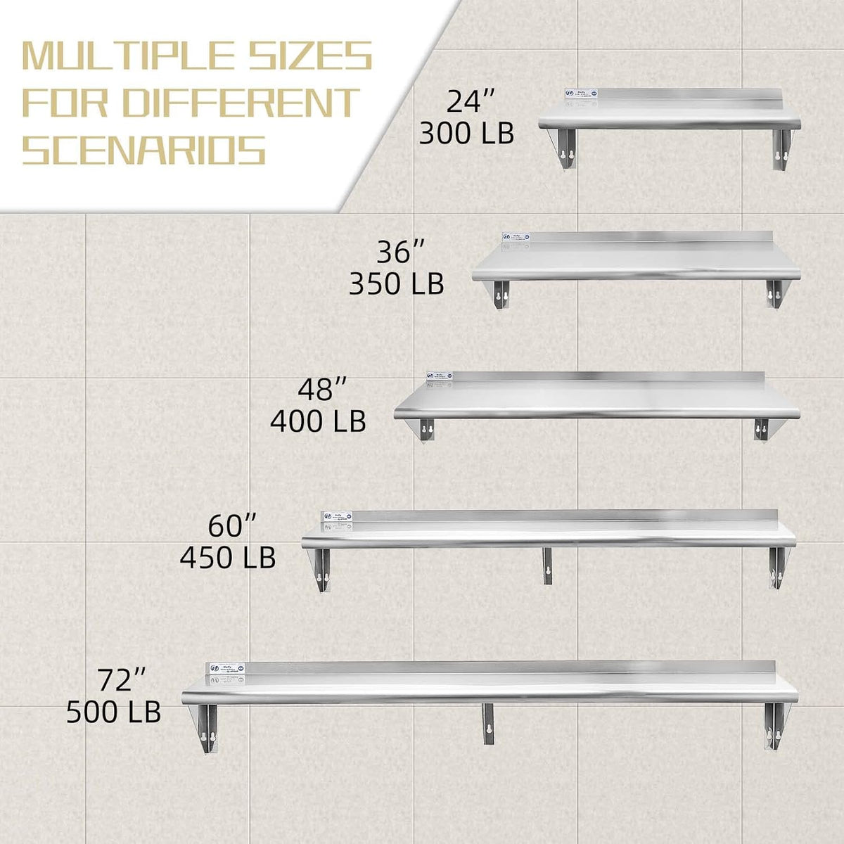 Hally Stainless Steel Shelf 2 Pack Wall Mounted Metal Shelves 10"x24" NSF