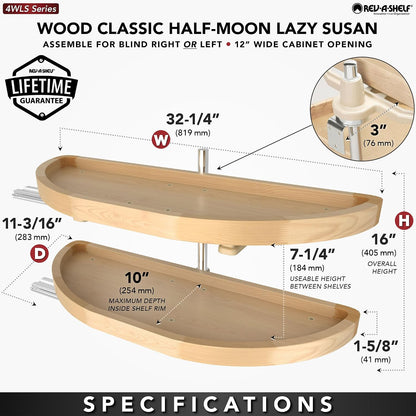 32" Dual Shelf Half Moon Lazy Susan Organizer, Wood