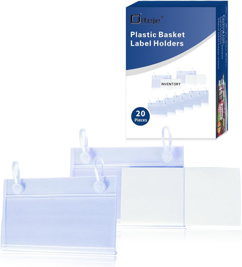20 Pack Plastic Basket Label Holders with Paper Insert,3.94x1.57inch | Wire Shelf Labels Holder,Easy Clip Design,Snap Lock Closure,for Retail Supermarket Pantry Shelf,No Tools Needed