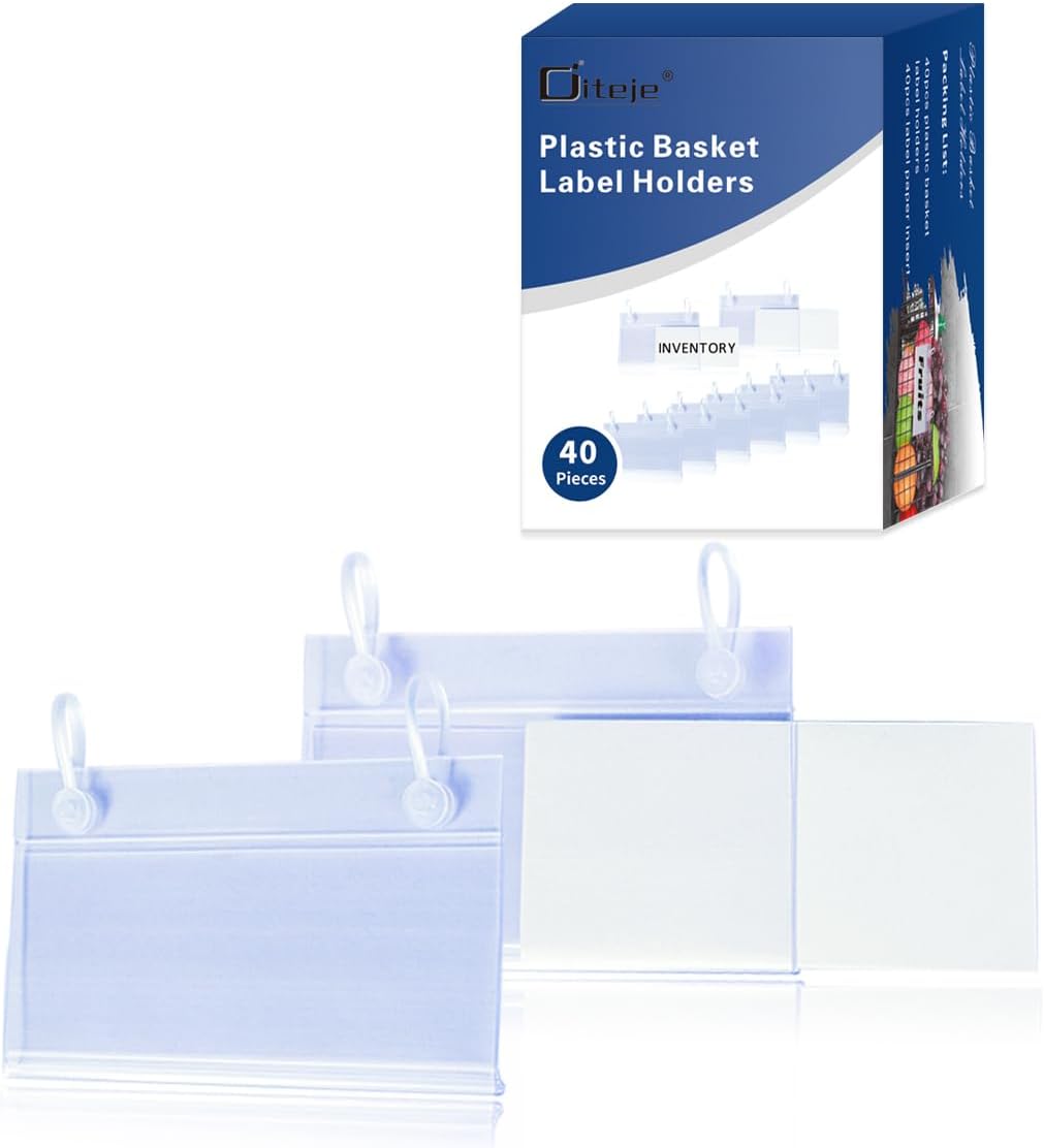 20 Pack Plastic Basket Label Holders with Paper Insert,3.94x1.57inch | Wire Shelf Labels Holder,Easy Clip Design,Snap Lock Closure,for Retail Supermarket Pantry Shelf,No Tools Needed