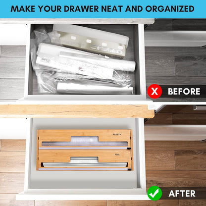18 Inch Large Foil Wrap Dispenser with Cutter, 2 in 1 Aluminum Butcher Parchment Paper Freezer Tin Wax Cling Foil Plastic Wrap Organizer for Kitchen Drawer Bamboo Saran Storage Roll Holder