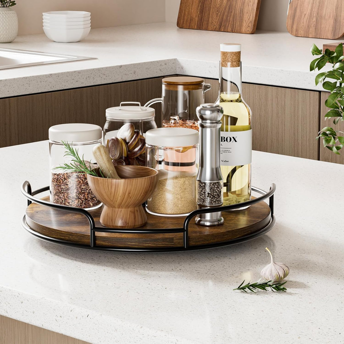 9" Lazy Susan Organizer for Table Top Rotating Spice Rack Organizations Wood Lazy Susan Turntable Organizer for Cabinet Kitchen Pantry Countertop Bathroom Vanity
