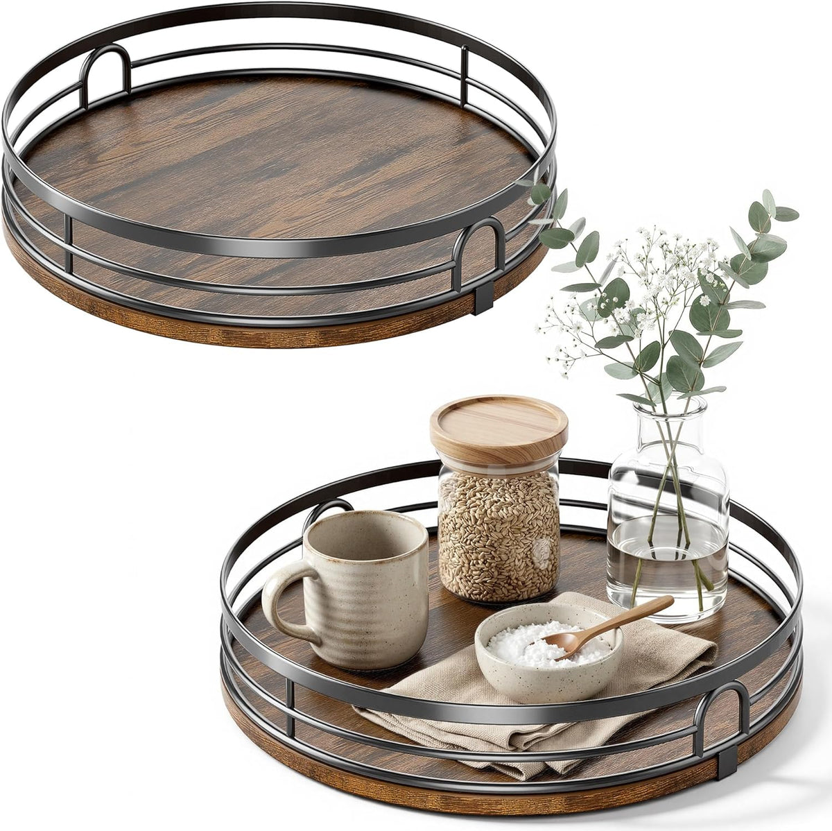 LAMU 9'' Lazy Susan Turntable Organizer for Cabinet, Round Wood Lazy Susan for Table Top, Kitchen, Countertop, Pantry, Spice, Bathroom Vanity, Coffee, Farmhouse Decor