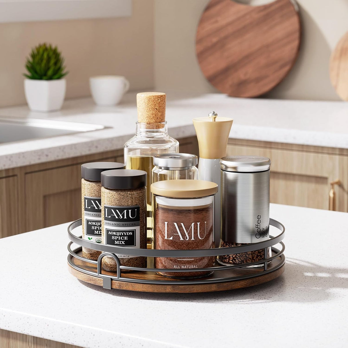 LAMU 9'' Lazy Susan Turntable Organizer for Cabinet, Round Wood Lazy Susan for Table Top, Kitchen, Countertop, Pantry, Spice, Bathroom Vanity, Coffee, Farmhouse Decor