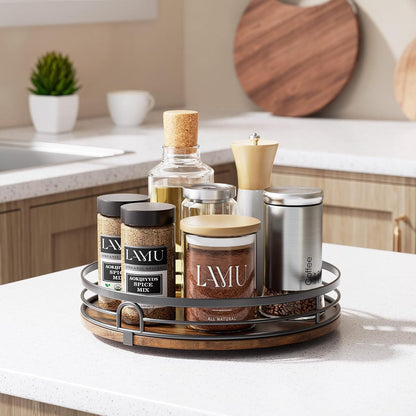 LAMU 9'' Lazy Susan Turntable Organizer for Cabinet, Round Wood Lazy Susan for Table Top, Kitchen, Countertop, Pantry, Spice, Bathroom Vanity, Coffee, Farmhouse Decor