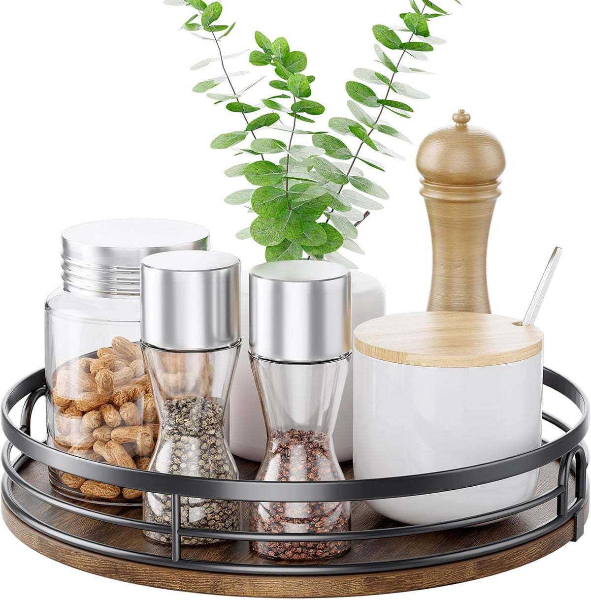 LAMU 9'' Lazy Susan Turntable Organizer for Cabinet, Round Wood Lazy Susan for Table Top, Kitchen, Countertop, Pantry, Spice, Bathroom Vanity, Coffee, Farmhouse Decor
