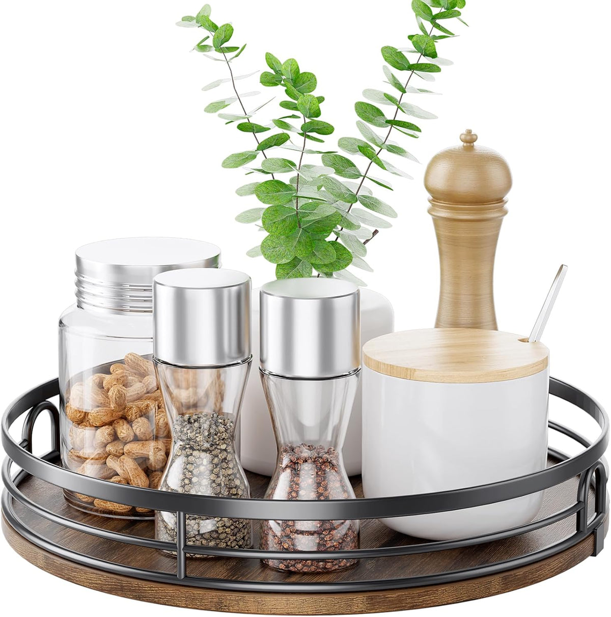 LAMU 9'' Lazy Susan Turntable Organizer for Cabinet, Round Wood Lazy Susan for Table Top, Kitchen, Countertop, Pantry, Spice, Bathroom Vanity, Coffee, Farmhouse Decor