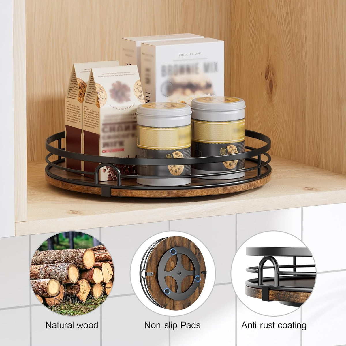 LAMU 9'' Lazy Susan Turntable Organizer for Cabinet, Round Wood Lazy Susan for Table Top, Kitchen, Countertop, Pantry, Spice, Bathroom Vanity, Coffee, Farmhouse Decor