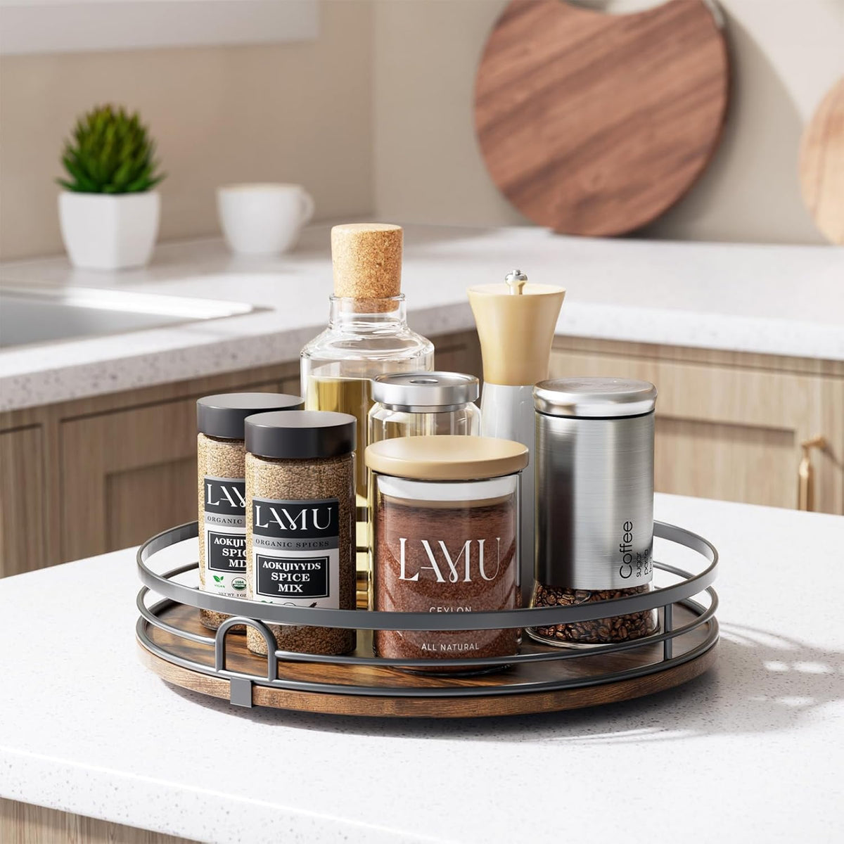 LAMU 9'' Lazy Susan Turntable Organizer for Cabinet, Round Wood Lazy Susan for Table Top, Kitchen, Countertop, Pantry, Spice, Bathroom Vanity, Coffee, Farmhouse Decor