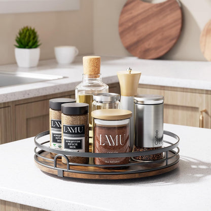 LAMU 9'' Lazy Susan Turntable Organizer for Cabinet, Round Wood Lazy Susan for Table Top, Kitchen, Countertop, Pantry, Spice, Bathroom Vanity, Coffee, Farmhouse Decor