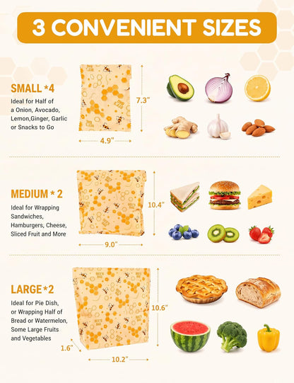 Beeswax Food Storage Bags 8 Pack-2L/2M/4S, Reusable & Natural
