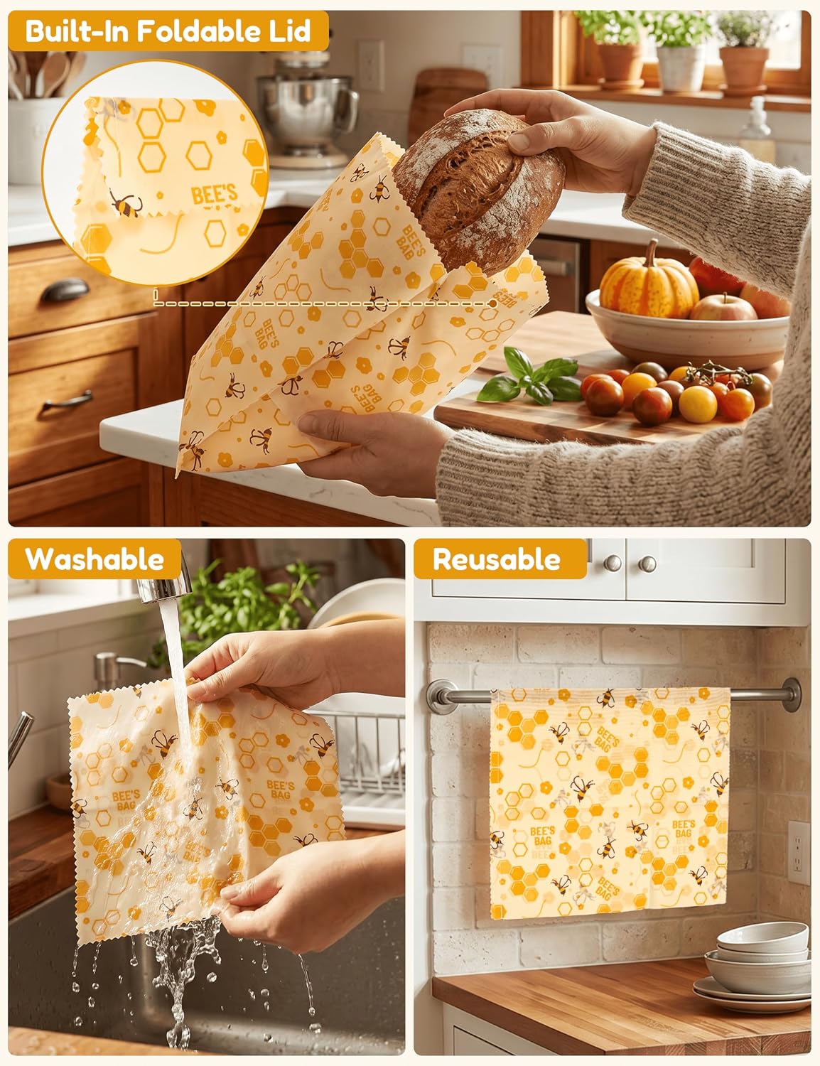 Beeswax Food Storage Bags 8 Pack-2L/2M/4S, Reusable & Natural