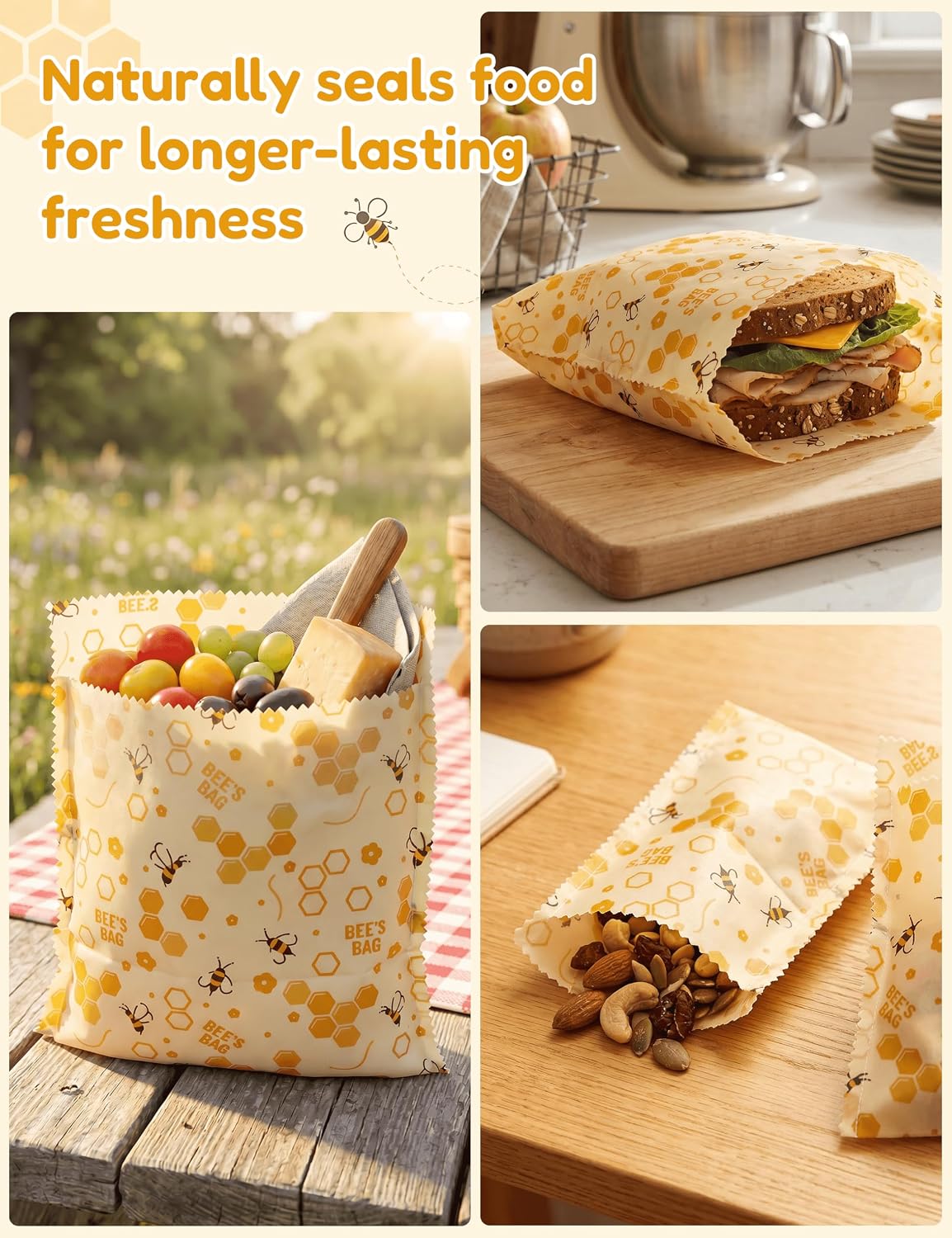 Beeswax Food Storage Bags 8 Pack-2L/2M/4S, Reusable & Natural