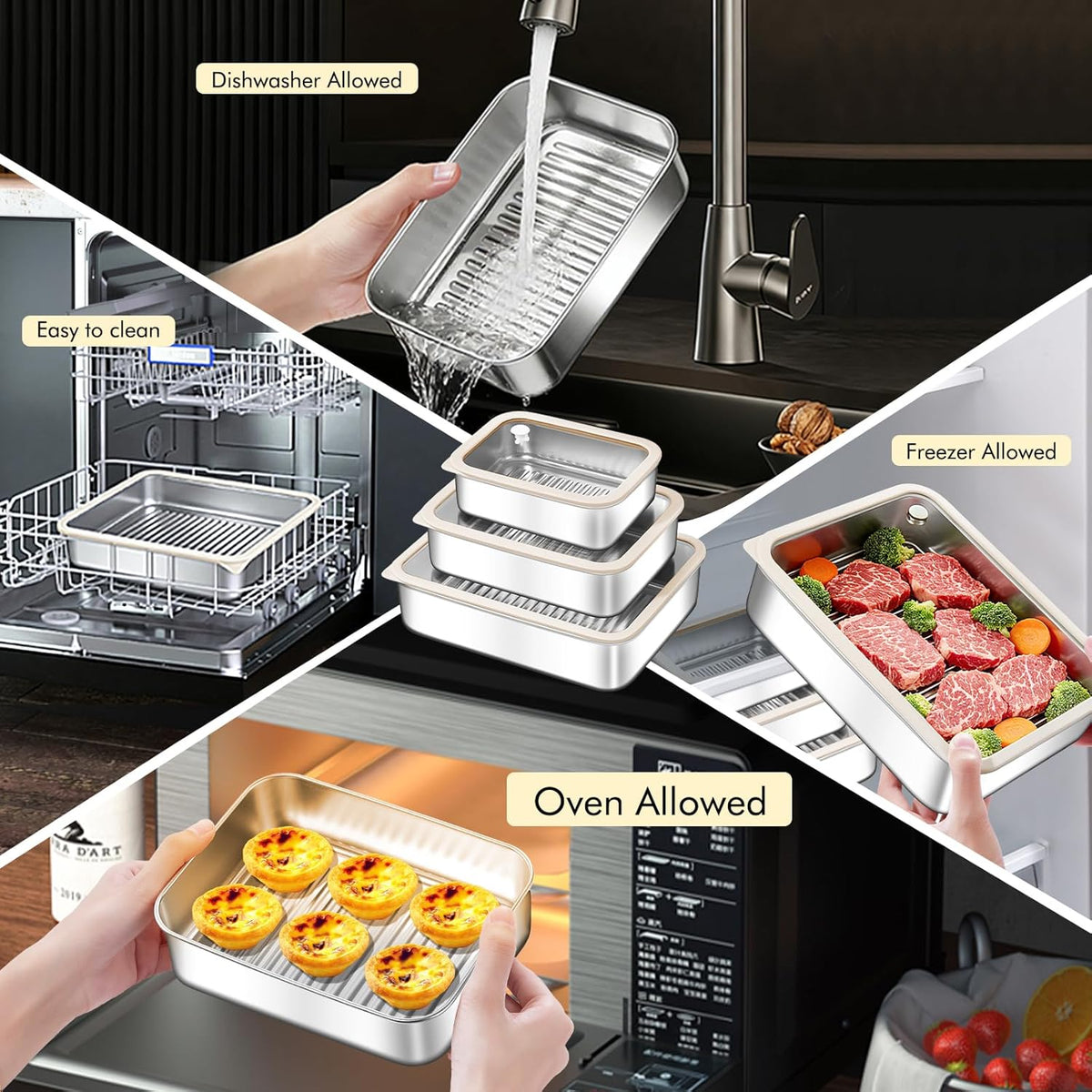 stainless steelFood Storage Containers setsstorage box with lidfreezer FrozenKitchen tray with lidOven plateSide dish plate Freezer & Dishwasher Safe