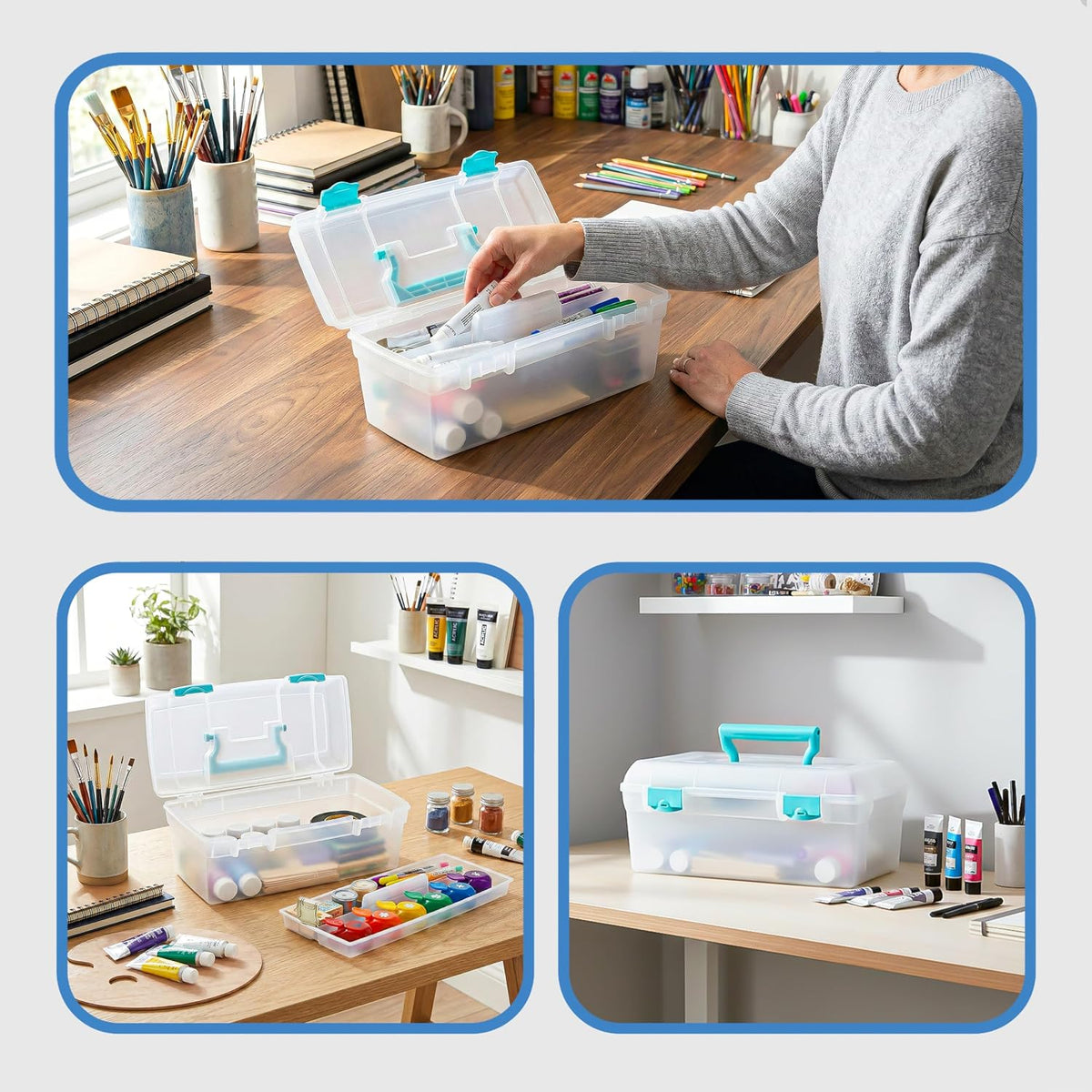 Essentials Lift-Out Tray Craft Box with Handle, Clear/Aqua