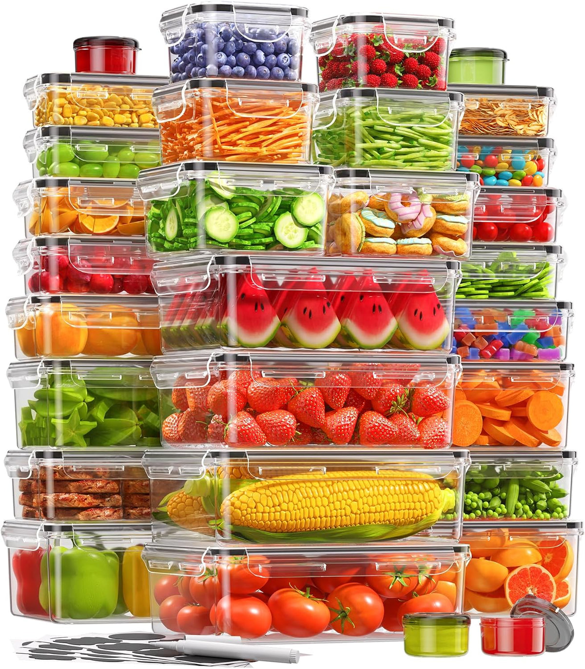 KEMETHY Food Storage Containers with Lids, Plastic Food Containers | BPA-Free, Leak Proof, Reusable, Microwave/Dishwasher Safe Meal Prep Containers with Labels & Pen, 30 Containers & 30 Lids