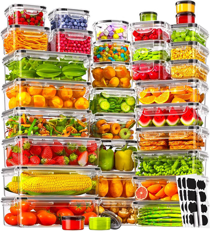 KEMETHY Food Storage Containers with Lids, Plastic Food Containers | BPA-Free, Leak Proof, Reusable, Microwave/Dishwasher Safe Meal Prep Containers with Labels & Pen, 30 Containers & 30 Lids