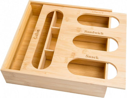 Bamboo Storage Bag Organizer Holder and Dispenser for Kitchen Drawer or Countertop, Gallon Size