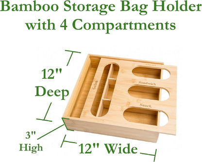 Bamboo Storage Bag Organizer Holder and Dispenser for Kitchen Drawer or Countertop, Gallon Size
