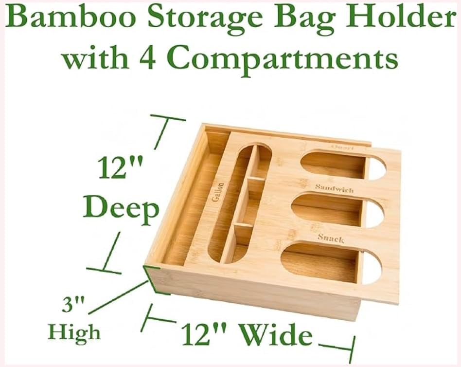 Bamboo Storage Bag Organizer Holder and Dispenser for Kitchen Drawer or Countertop, Gallon Size