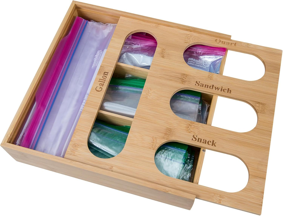 Bamboo Storage Bag Organizer Holder and Dispenser for Kitchen Drawer or Countertop, Gallon Size
