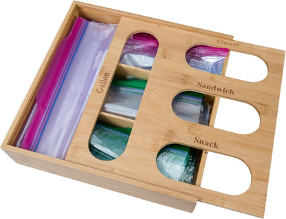 Bamboo Storage Bag Organizer Holder and Dispenser for Kitchen Drawer or Countertop, Gallon Size