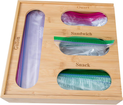 Bamboo Storage Bag Organizer Holder and Dispenser for Kitchen Drawer or Countertop, Gallon Size