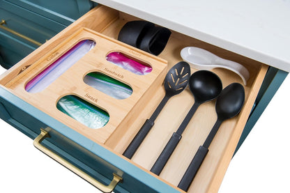 Bamboo Storage Bag Organizer Holder and Dispenser for Kitchen Drawer or Countertop, Gallon Size