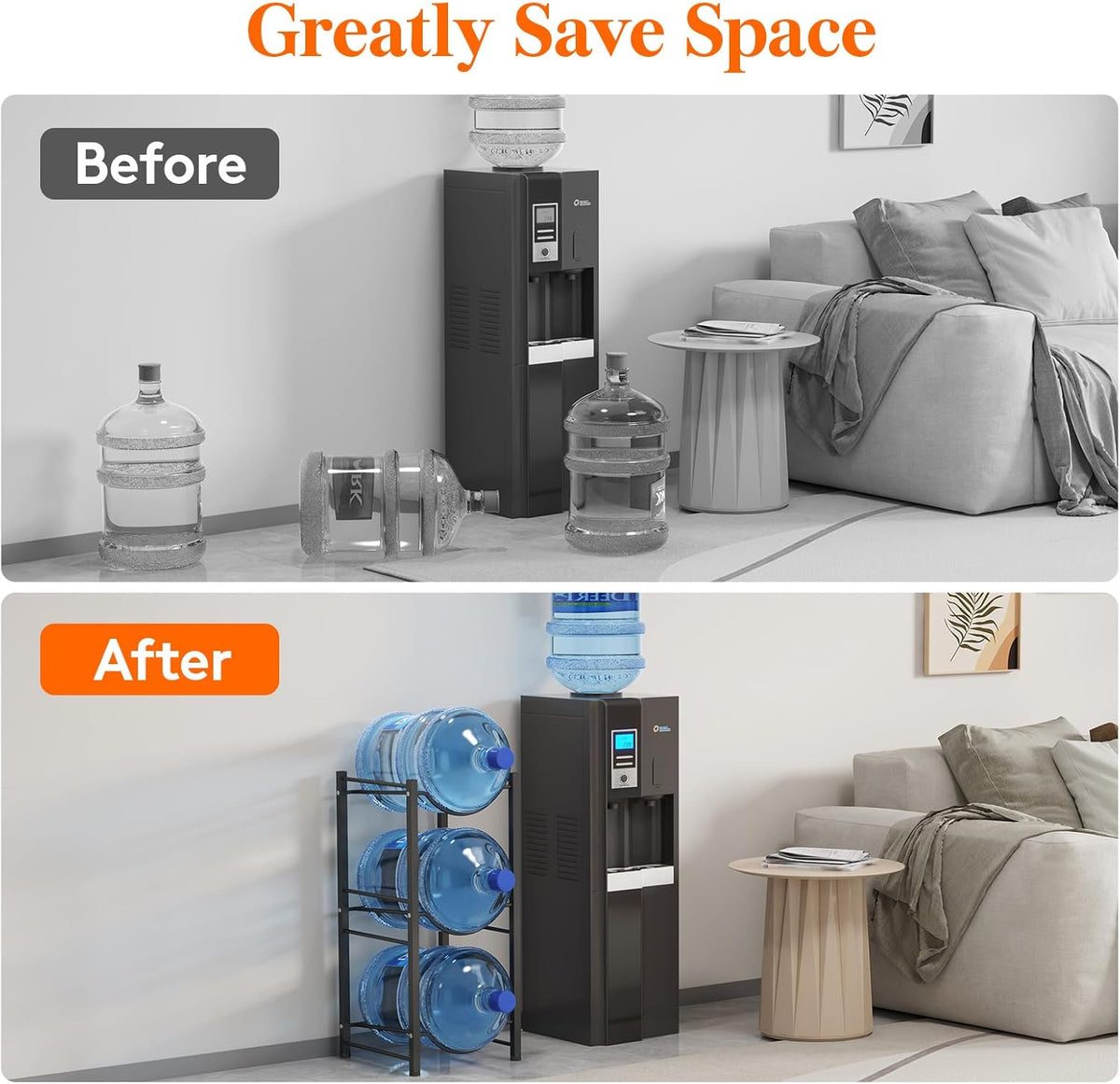 5 Gallon Water Jug Holder, 3 Tier Heavy Duty Water Dispenser Stand | 3 Slots Water Bottle Storage Rack for Gallon Jugs, 126 lb Capacity Detachable Water Shelf Organizer for Home, Office, Black