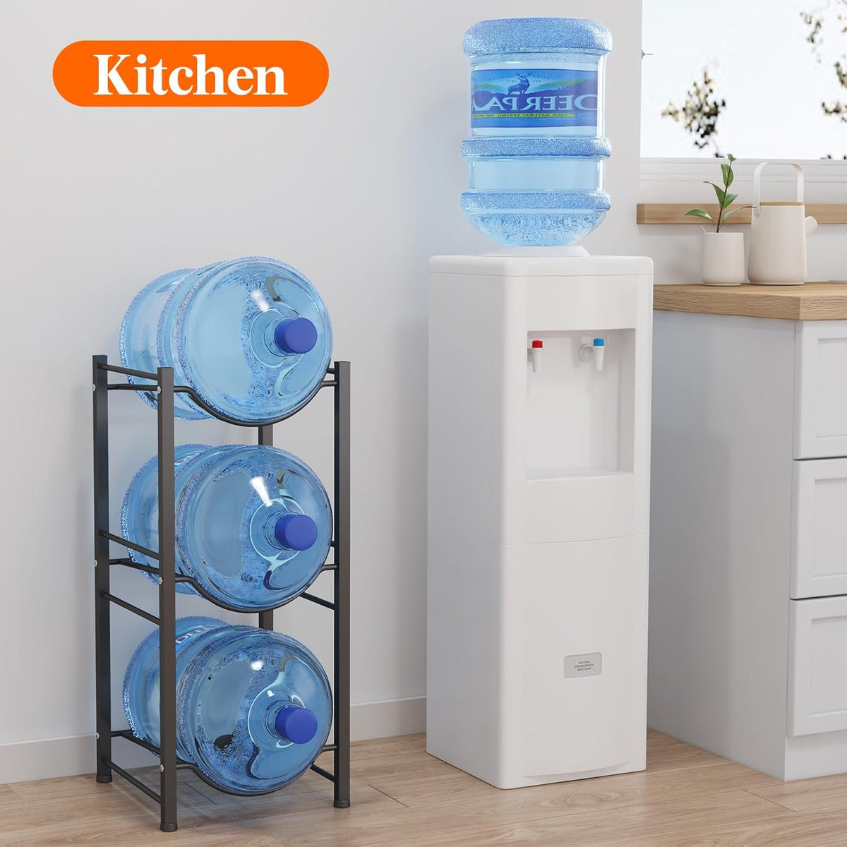 5 Gallon Water Jug Holder, 3 Tier Heavy Duty Water Dispenser Stand | 3 Slots Water Bottle Storage Rack for Gallon Jugs, 126 lb Capacity Detachable Water Shelf Organizer for Home, Office, Black