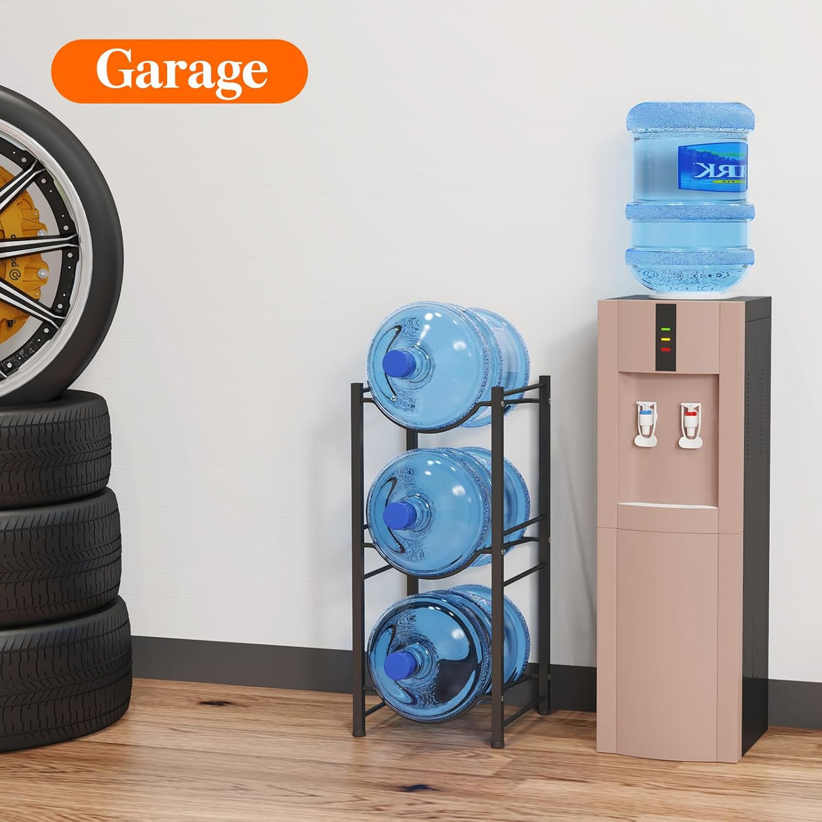 5 Gallon Water Jug Holder, 3 Tier Heavy Duty Water Dispenser Stand | 3 Slots Water Bottle Storage Rack for Gallon Jugs, 126 lb Capacity Detachable Water Shelf Organizer for Home, Office, Black