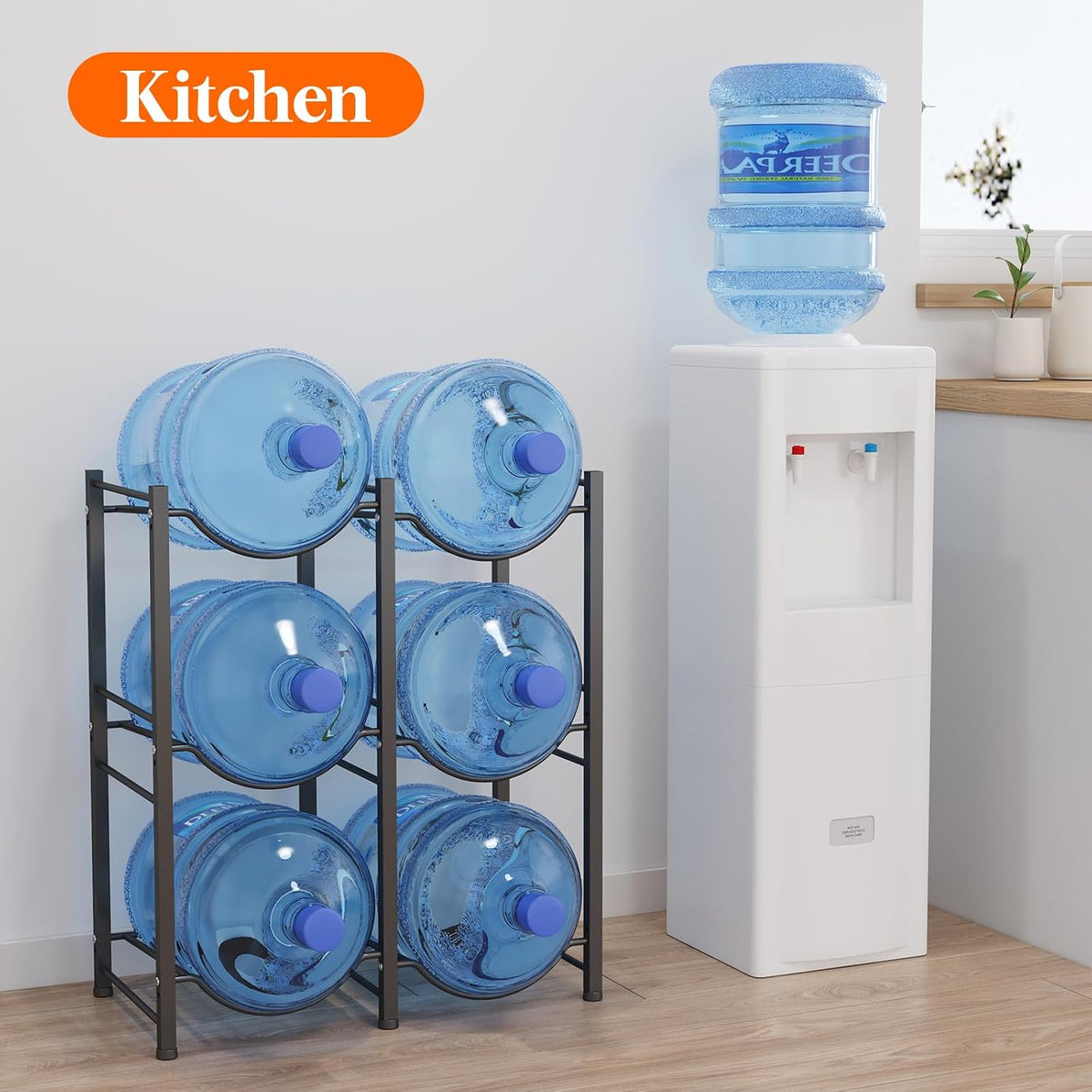 5 Gallon Water Jug Holder, 3 Tier Heavy Duty Water Dispenser Stand | 3 Slots Water Bottle Storage Rack for Gallon Jugs, 126 lb Capacity Detachable Water Shelf Organizer for Home, Office, Black