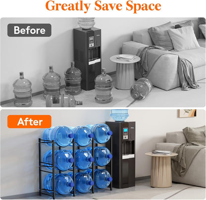 5 Gallon Water Jug Holder, 3 Tier Heavy Duty Water Dispenser Stand | 3 Slots Water Bottle Storage Rack for Gallon Jugs, 126 lb Capacity Detachable Water Shelf Organizer for Home, Office, Black