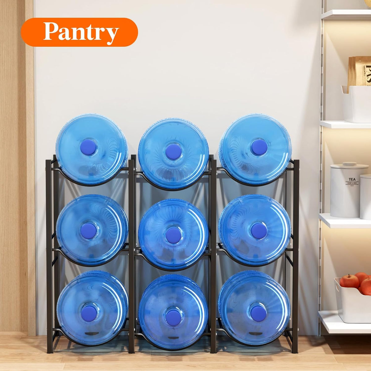5 Gallon Water Jug Holder, 3 Tier Heavy Duty Water Dispenser Stand | 3 Slots Water Bottle Storage Rack for Gallon Jugs, 126 lb Capacity Detachable Water Shelf Organizer for Home, Office, Black