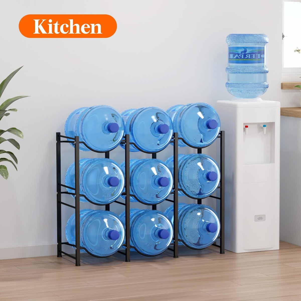 5 Gallon Water Jug Holder, 3 Tier Heavy Duty Water Dispenser Stand | 3 Slots Water Bottle Storage Rack for Gallon Jugs, 126 lb Capacity Detachable Water Shelf Organizer for Home, Office, Black