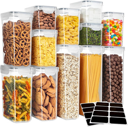 12 Pack Airtight Food Storage Container Set for Pantry Organization | Stackable, BPA Free plastic storage containers for pantry, great for snacks, spaghetti, includes 24 reusable sticker labels