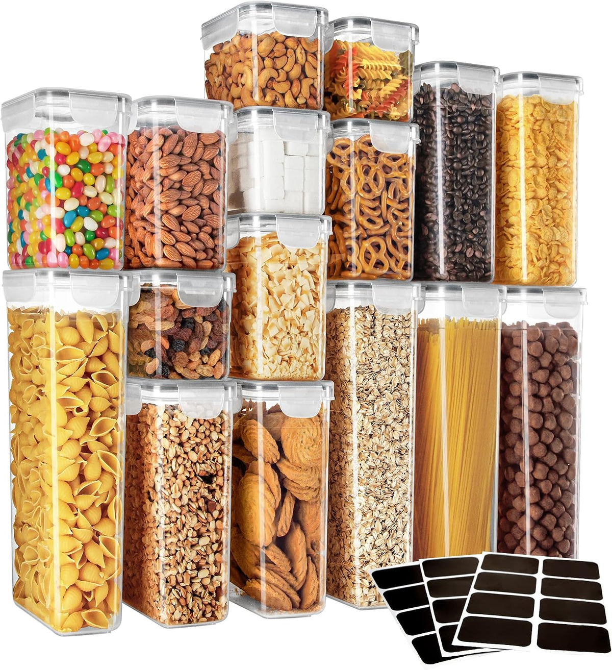 12 Pack Airtight Food Storage Container Set for Pantry Organization | Stackable, BPA Free plastic storage containers for pantry, great for snacks, spaghetti, includes 24 reusable sticker labels