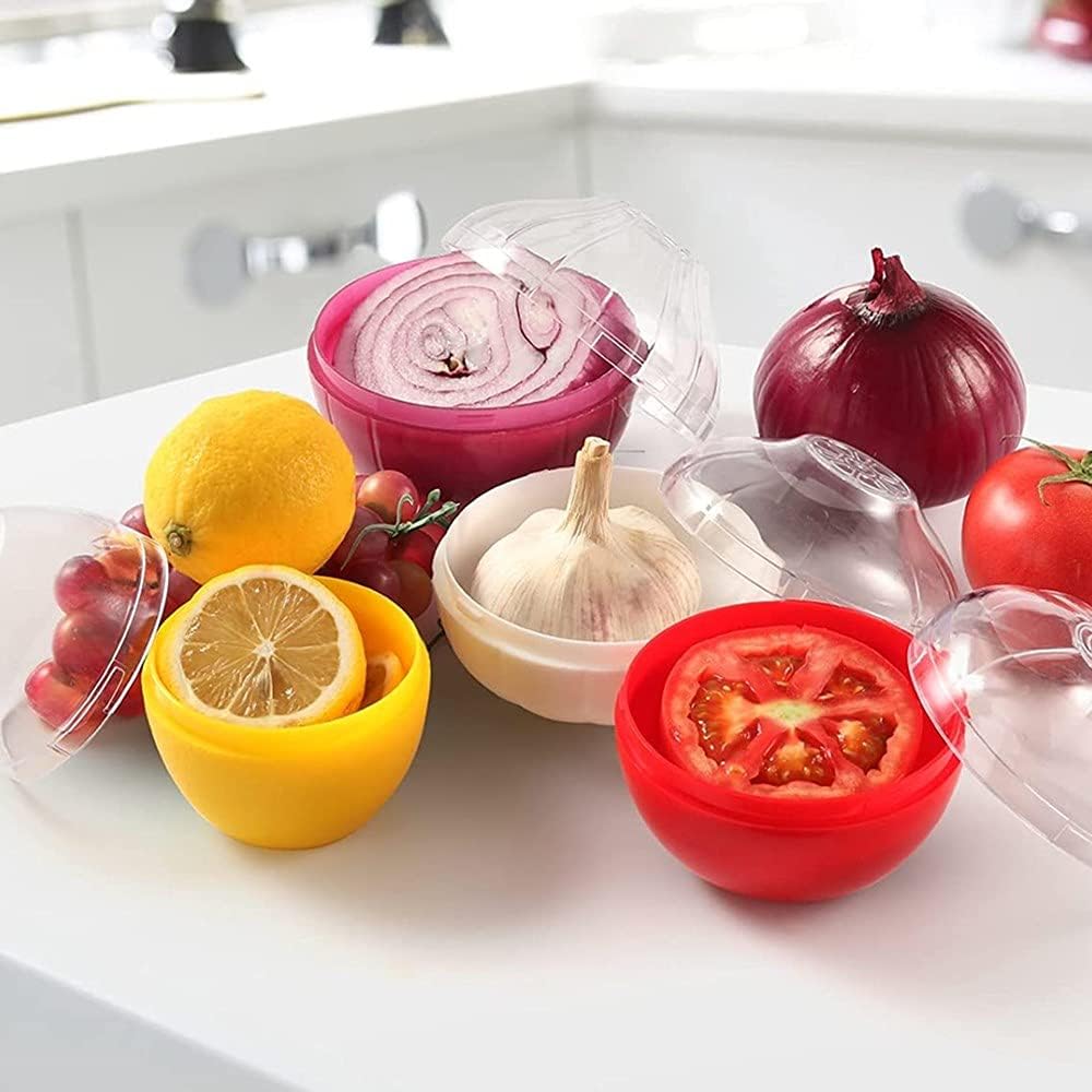 Reusable Fruit and Vegetable Storage Containers Refrigerator Box Storage Bowls Saver Holder Keeper for onion, Green pepper, Tomato, Lemon, and garlic ，Refrigerator Vegetable Crisper 5 Pack