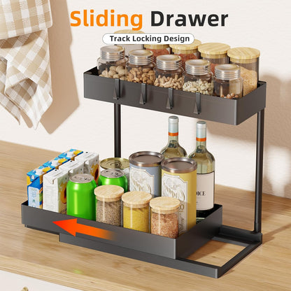 Under Sink Organizer, 2 Tier Cabinet Organizer with Sliding Basket, Multi-Purpose Sink Storage Basket with 4 Hooks for Kitchen Bathroom, Black