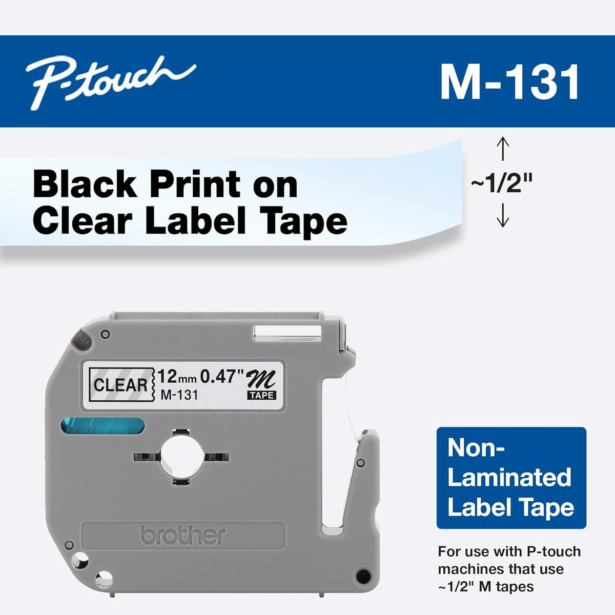 Genuine P-Touch M-2312PK Tape, 2 Pack, 1/2" (0.47") Wide Standard Non-Laminated Tape, Black on White, Recommended for Home and Indoor Use, 0.47" x 26.2' (12mm x 8M), 2-Pack, M2312PK, M231