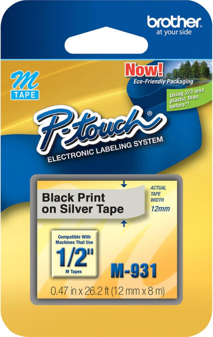 Genuine P-Touch M-2312PK Tape, 2 Pack, 1/2" (0.47") Wide Standard Non-Laminated Tape, Black on White, Recommended for Home and Indoor Use, 0.47" x 26.2' (12mm x 8M), 2-Pack, M2312PK, M231