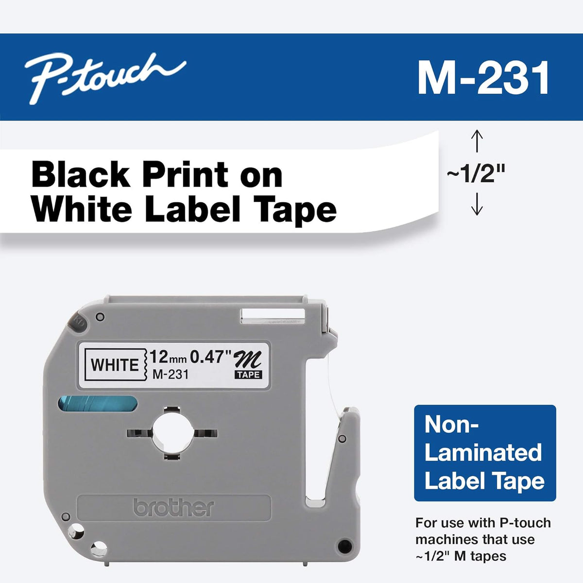 Genuine P-Touch M-2312PK Tape, 2 Pack, 1/2" (0.47") Wide Standard Non-Laminated Tape, Black on White, Recommended for Home and Indoor Use, 0.47" x 26.2' (12mm x 8M), 2-Pack, M2312PK, M231