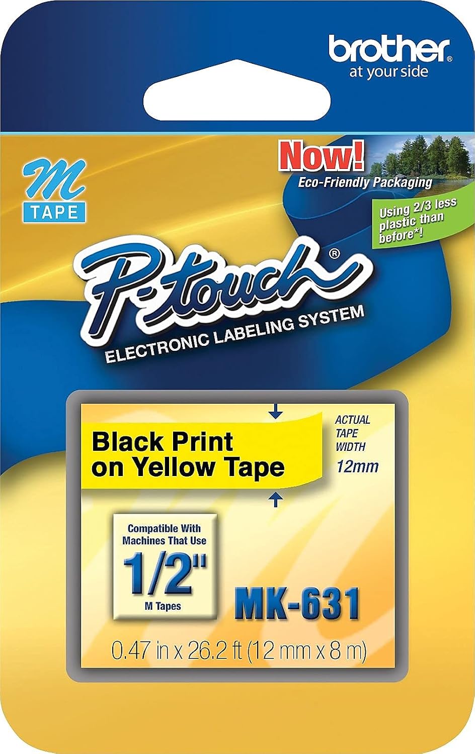Genuine P-Touch M-2312PK Tape, 2 Pack, 1/2" (0.47") Wide Standard Non-Laminated Tape, Black on White, Recommended for Home and Indoor Use, 0.47" x 26.2' (12mm x 8M), 2-Pack, M2312PK, M231