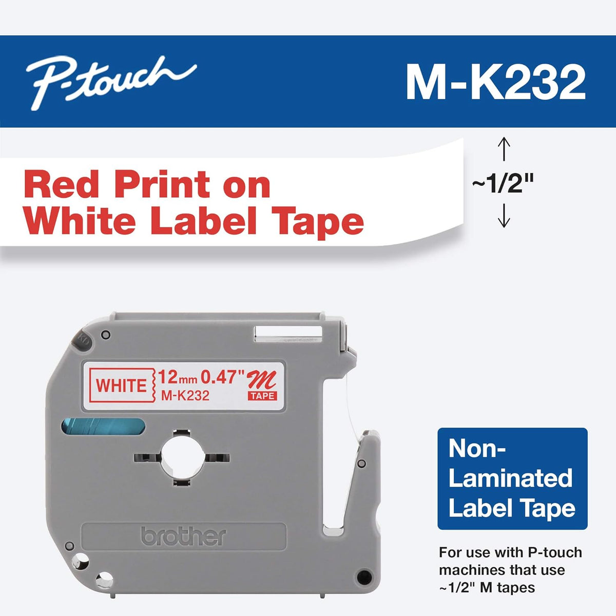 Genuine P-Touch M-2312PK Tape, 2 Pack, 1/2" (0.47") Wide Standard Non-Laminated Tape, Black on White, Recommended for Home and Indoor Use, 0.47" x 26.2' (12mm x 8M), 2-Pack, M2312PK, M231