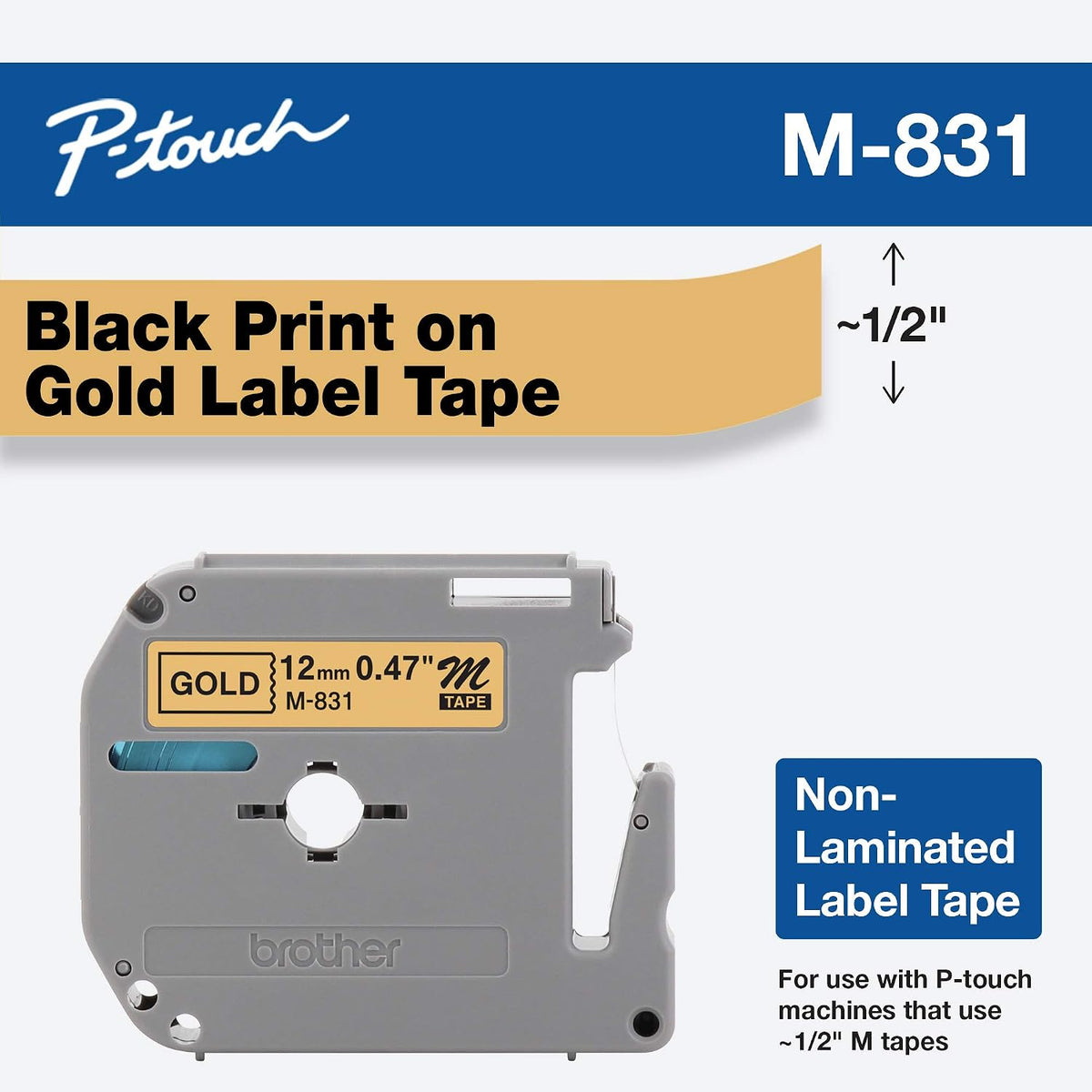 Genuine P-Touch M-2312PK Tape, 2 Pack, 1/2" (0.47") Wide Standard Non-Laminated Tape, Black on White, Recommended for Home and Indoor Use, 0.47" x 26.2' (12mm x 8M), 2-Pack, M2312PK, M231