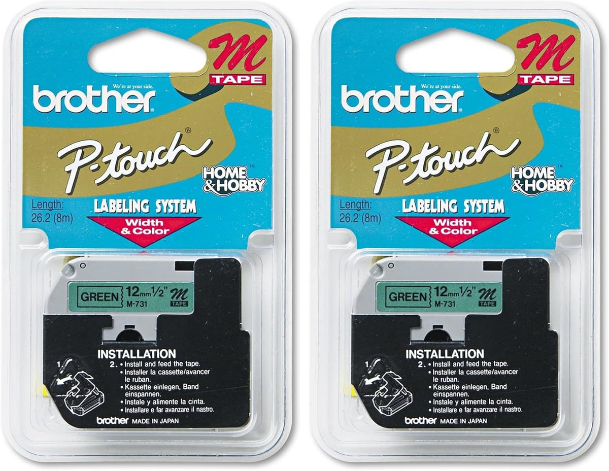 Genuine P-Touch M-2312PK Tape, 2 Pack, 1/2" (0.47") Wide Standard Non-Laminated Tape, Black on White, Recommended for Home and Indoor Use, 0.47" x 26.2' (12mm x 8M), 2-Pack, M2312PK, M231