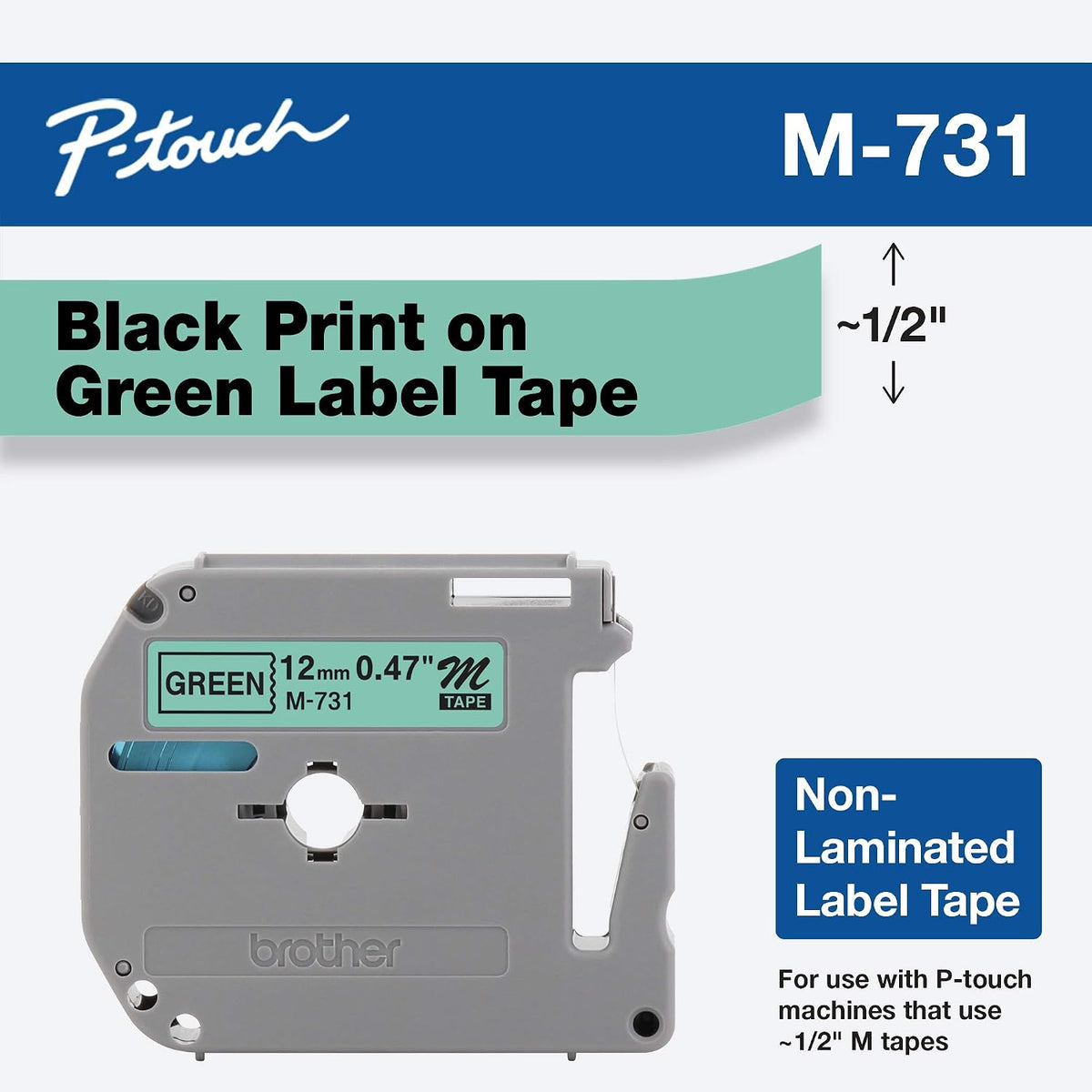 Genuine P-Touch M-2312PK Tape, 2 Pack, 1/2" (0.47") Wide Standard Non-Laminated Tape, Black on White, Recommended for Home and Indoor Use, 0.47" x 26.2' (12mm x 8M), 2-Pack, M2312PK, M231
